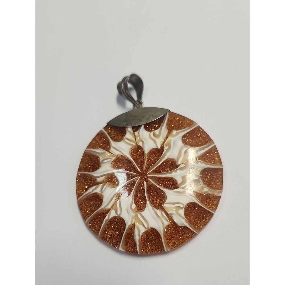Sparkling Brown Orange Resin Shell Pendant With Sterling Silver Accent Bail 925